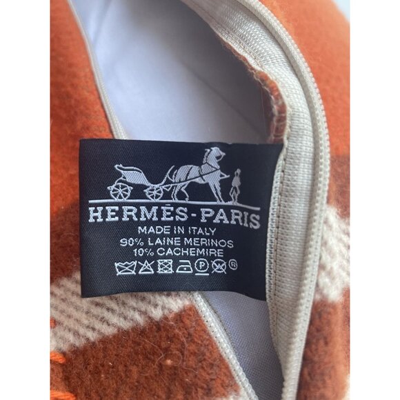 Hermès Orange & Brown Geometric Wool-Cashmere Pillow Cover 18"x18" Made In Italy - Picture 4 of 6